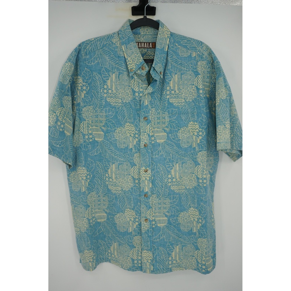 Kahala Shirt Blue Floral Hawaiian Aloha Reverse Print Short Sleeve USA Men's XL